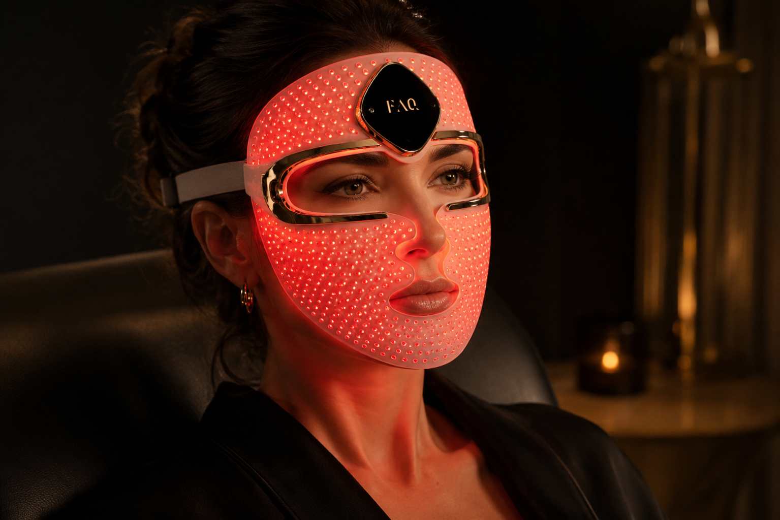 Femme portant un masque LED rouge lumineux